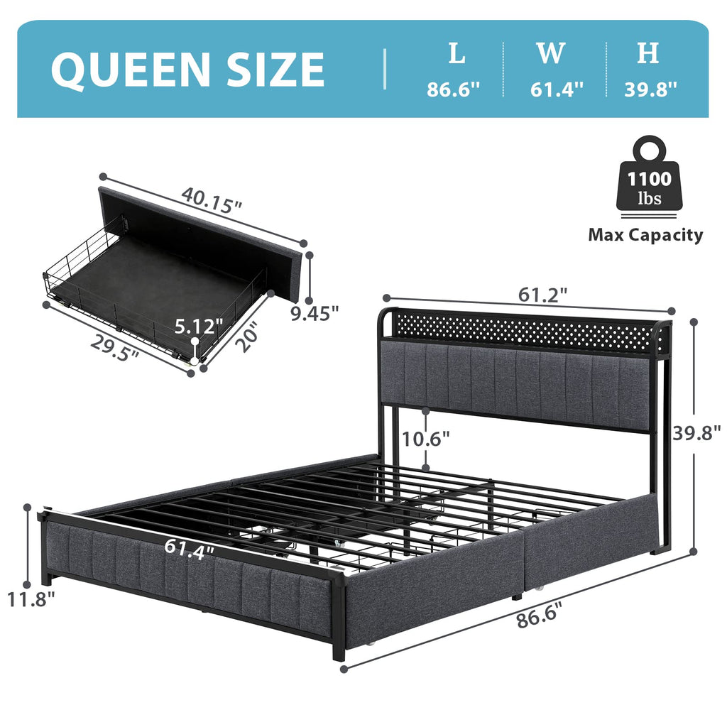 Queen Size Upholstered Platform Bed with LED Headboard and 4 Drawers K34510