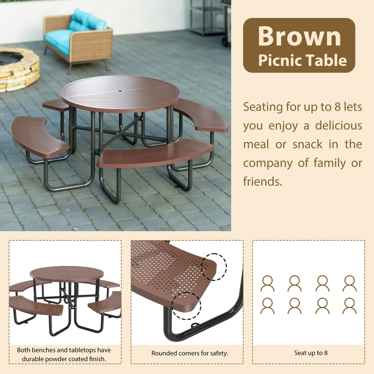 46'' Steel Round Picnic Table with Umbrella Hole H953