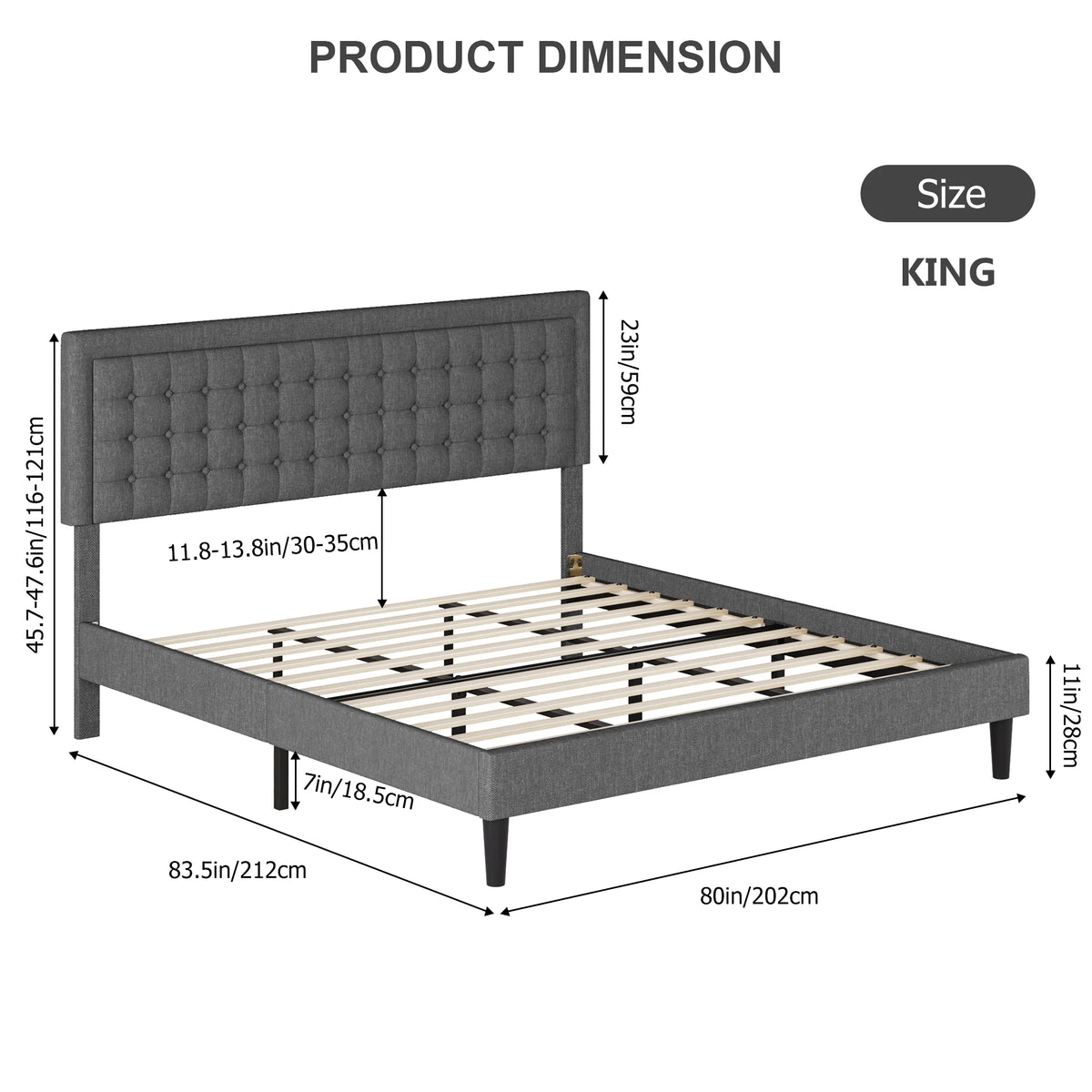 King Size Gray Linen Fabric Bed Frame with Tufted Headboard W320