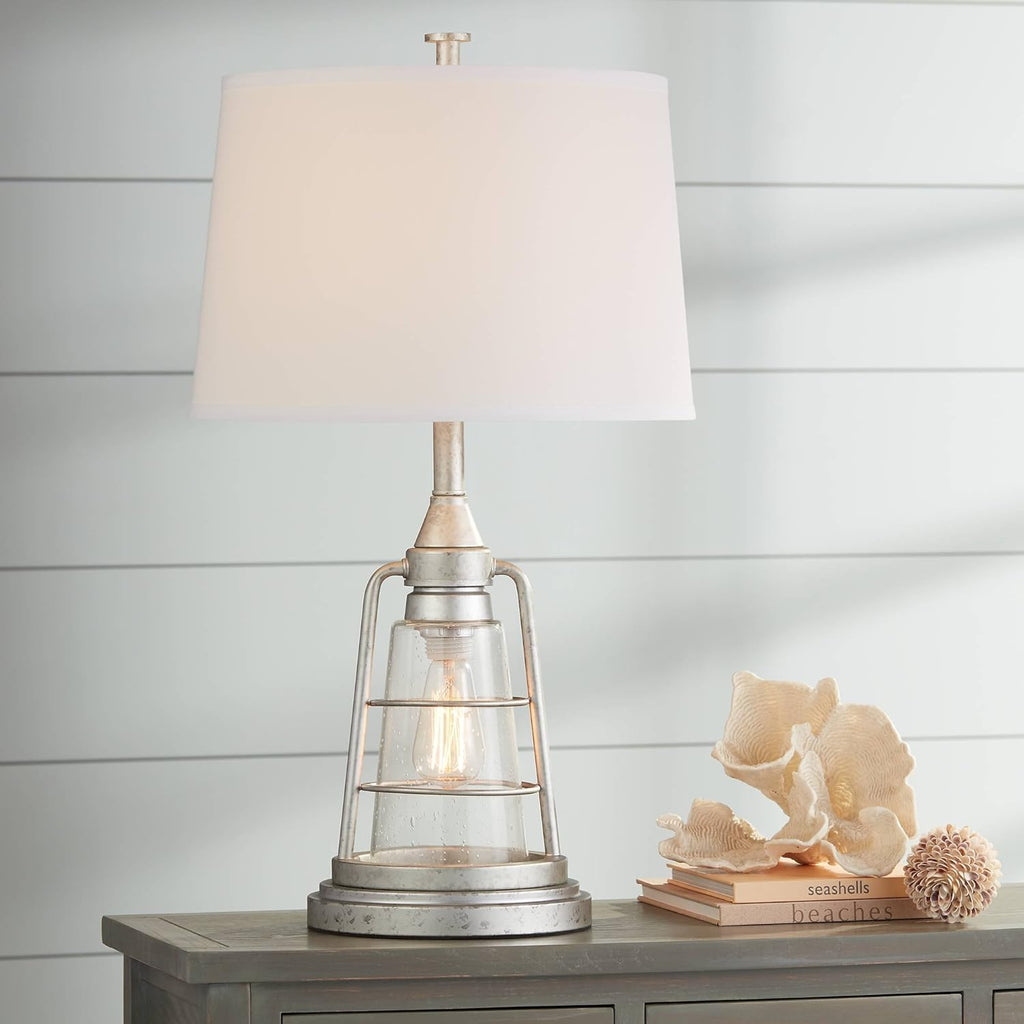 Bronze Cage Glass Lantern Table Lamp with Nightlight L7945