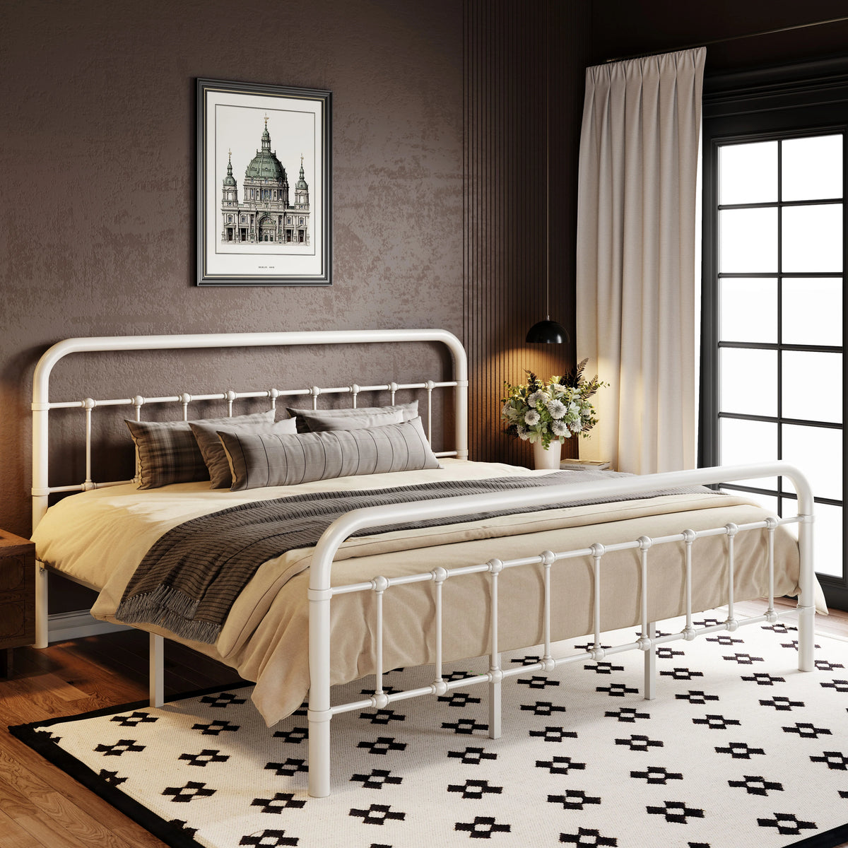 Queen Size Black Metal Platform Bed Frame with Headboard N71872