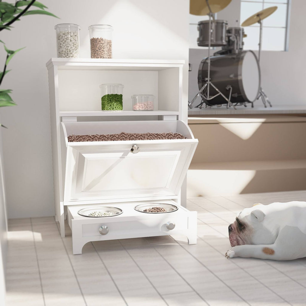 White Pet Feeding Station with Food Storage Cabinet Y9291