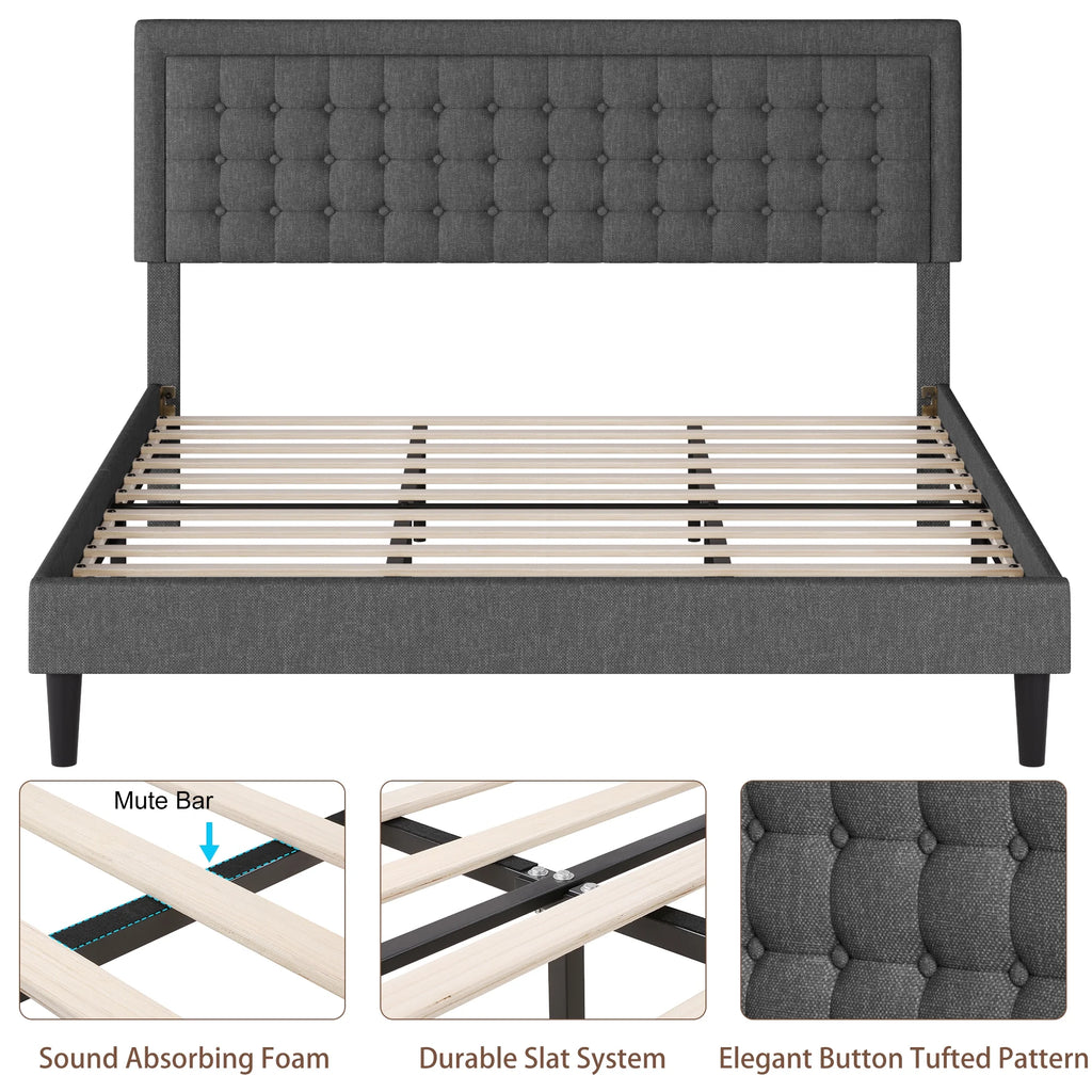 King Size Gray Linen Fabric Bed Frame with Tufted Headboard W320