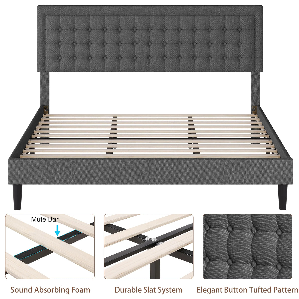King Size Gray Linen Fabric Bed Frame with Tufted Headboard W320