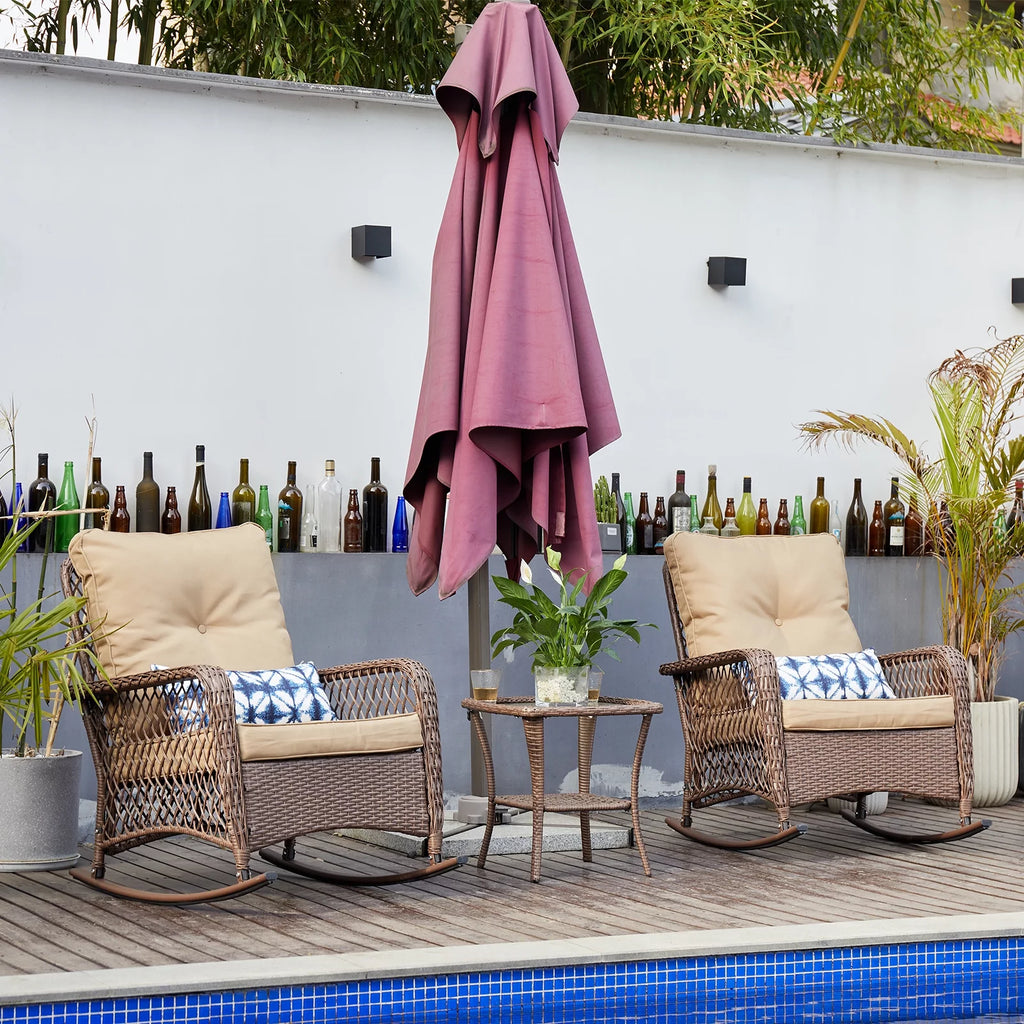 3-Piece Wicker Outdoor Rocking Chairs with Cushions and Table Z846199