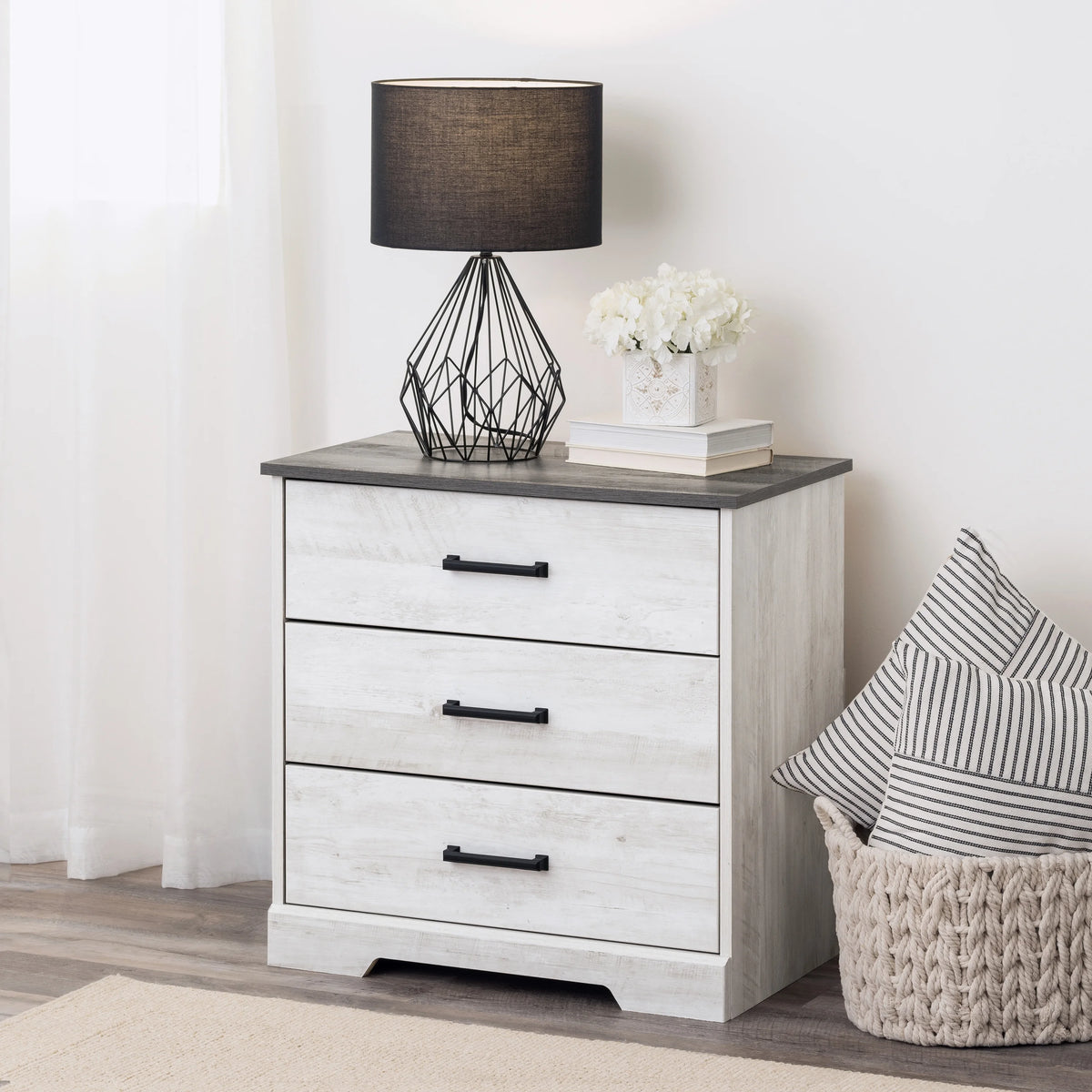 3 Drawer Washed White Wood Nightstand D865576