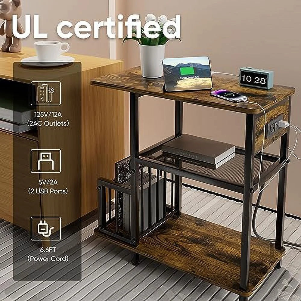 Brown Set of 2 Side Tables with USB Ports and Outlets X3835