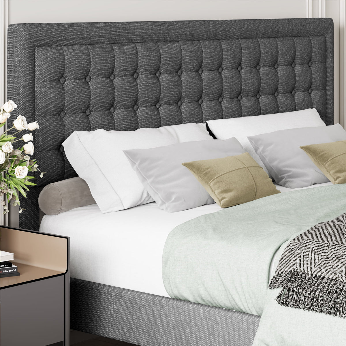 King Size Gray Linen Fabric Bed Frame with Tufted Headboard W320