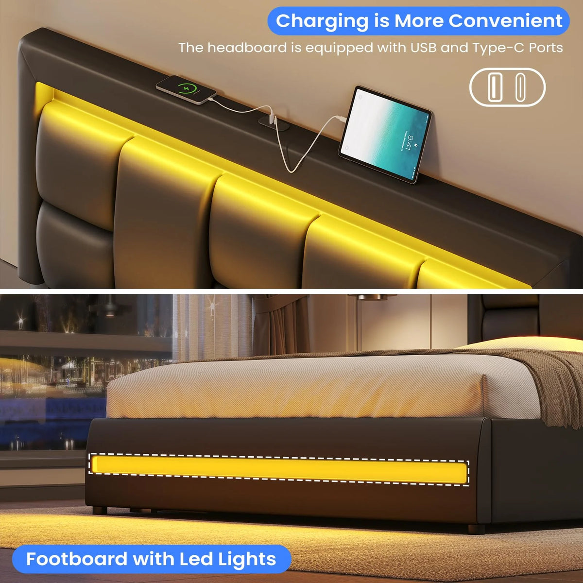Queen Size Lift Up Storage Upholstered Platform Bed Frame with Charging Ports and LED Lights Z889