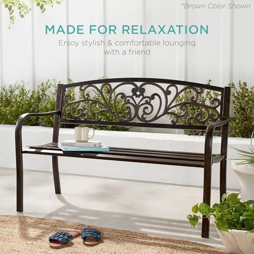 Black Steel Outdoor Bench with Floral Backrest P45607