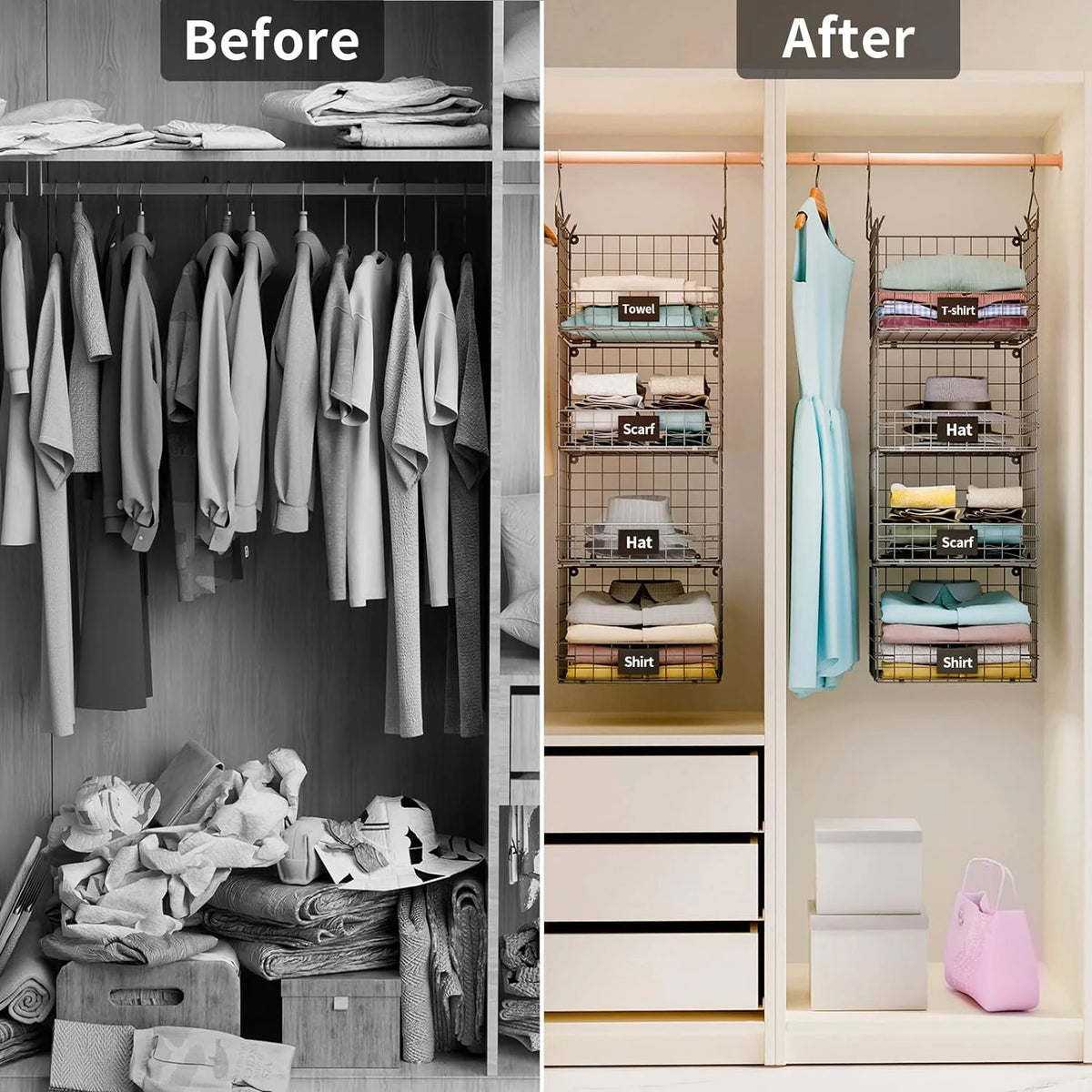 4 Tiers Hanging Closet Shelves Organizer with S Hooks, Black C22975