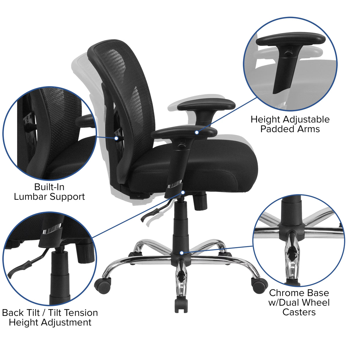 Black Mesh Ergonomic Task Office Chair with Adjustable Back and Arms Y307