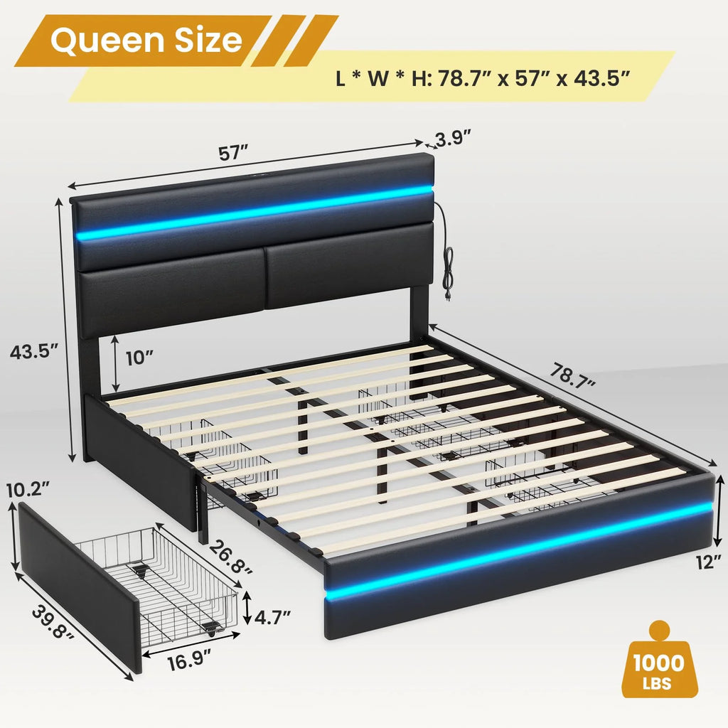 Full Size LED Platform Bed Frame with 4 Storage Drawers and 2 USB Ports Y3383