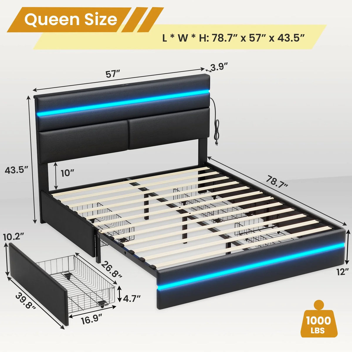 Full Size LED Platform Bed Frame with 4 Storage Drawers and 2 USB Ports Y3383