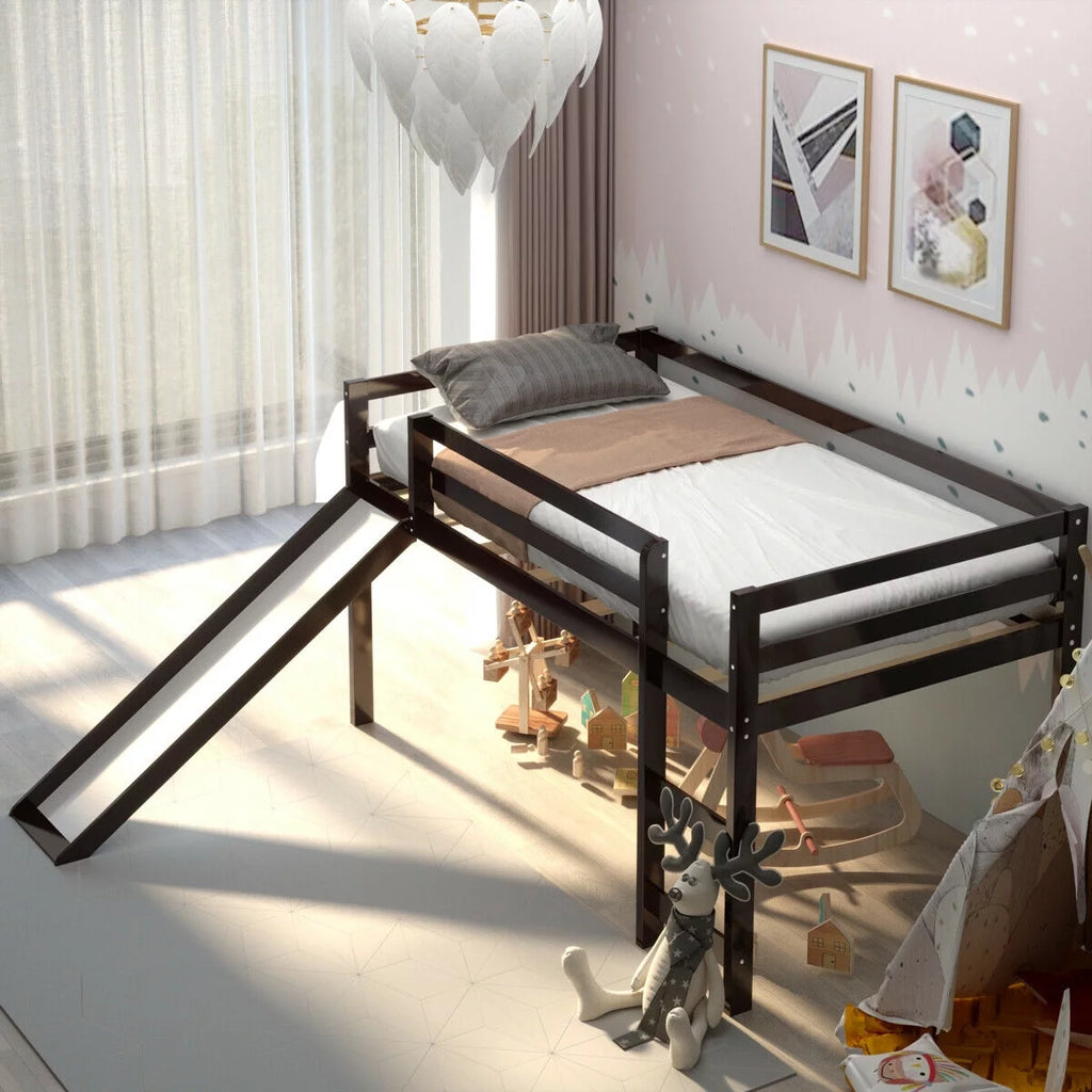 White Twin Size Wood Loft Bed with Slide G213282