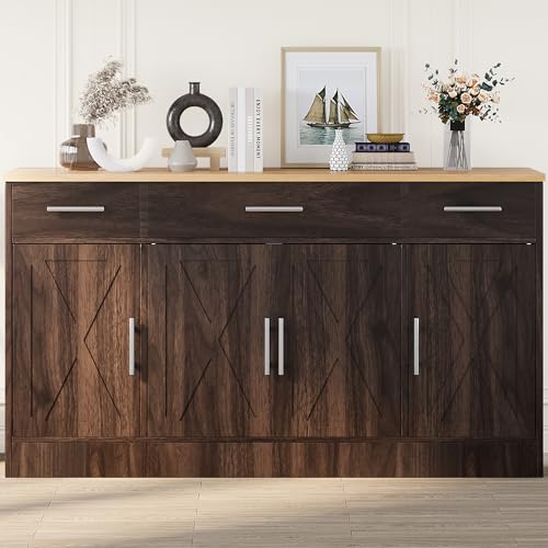 Brown Wood Buffet Cabinet with 3 Drawers and 4 Doors R3775