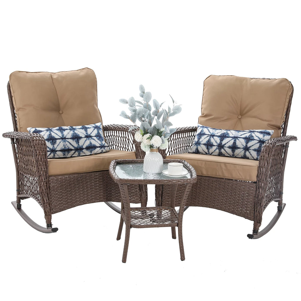 3-Piece Wicker Outdoor Rocking Chairs with Cushions and Table Z846199