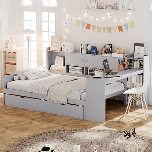 Twin Size Wood Daybed with Bookcase Storage and Desk M2687