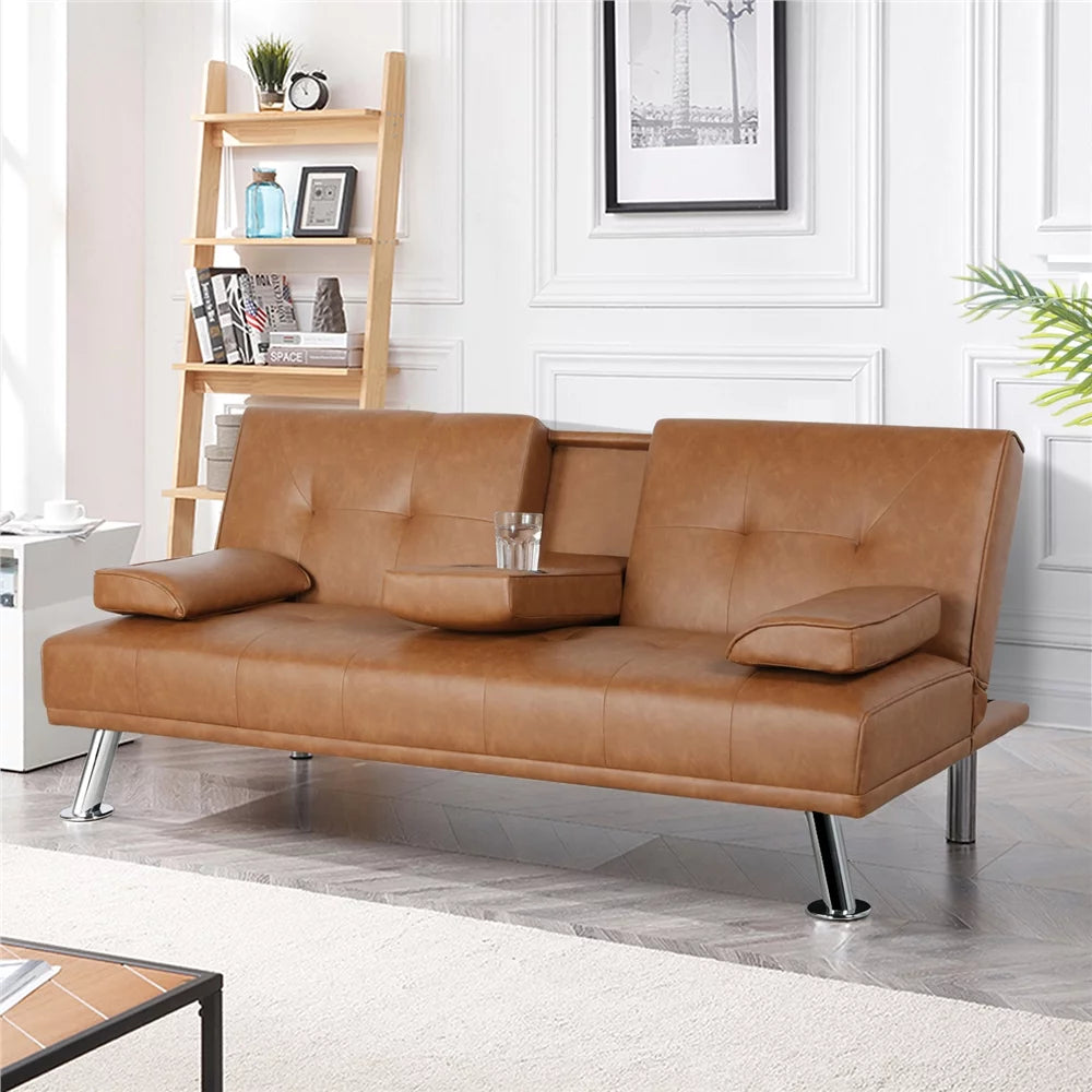 Brown Faux Leather Futon Sofa Bed N8093