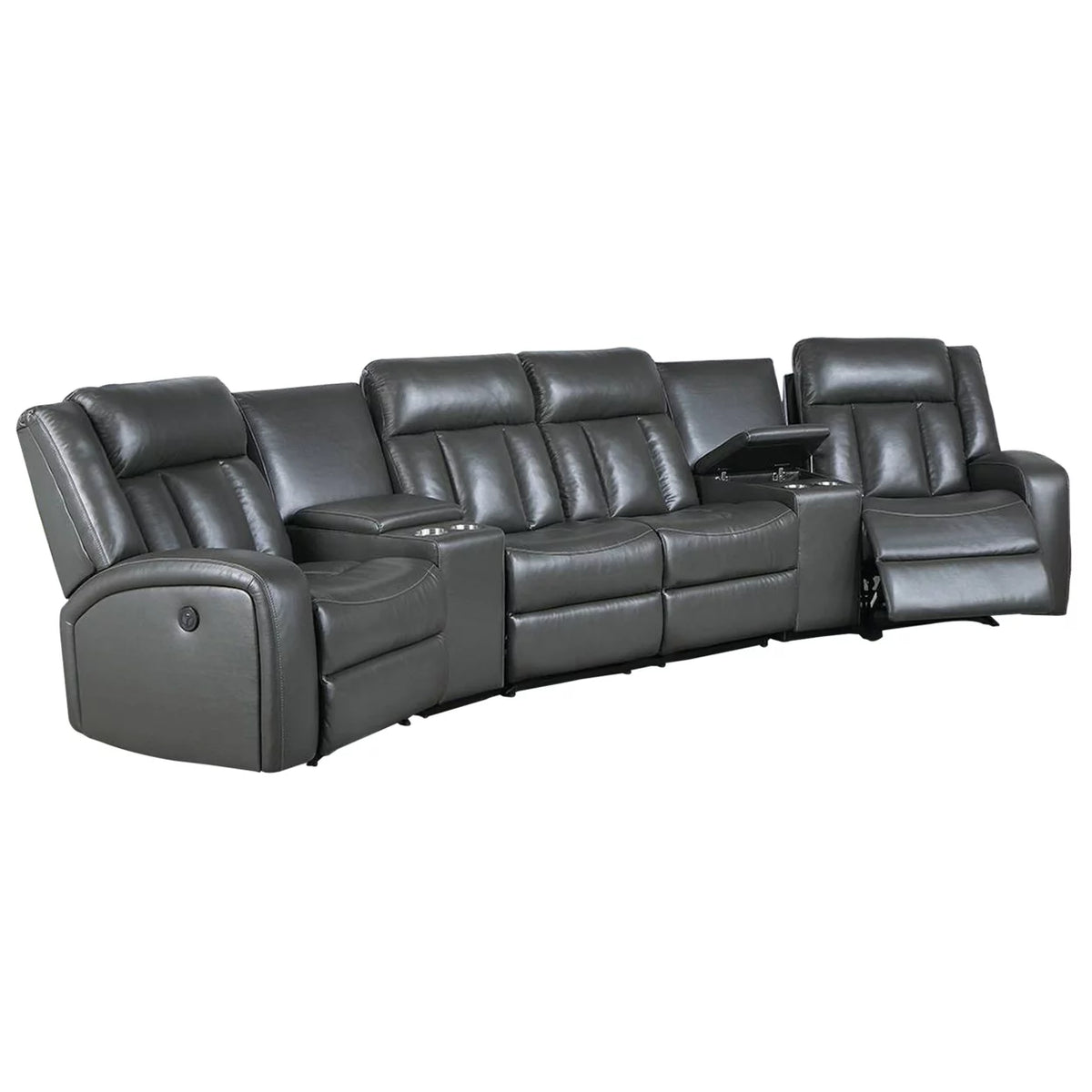 5 Piece Power Recliner Sectional Sofa Set Gray Faux Leather Q9119