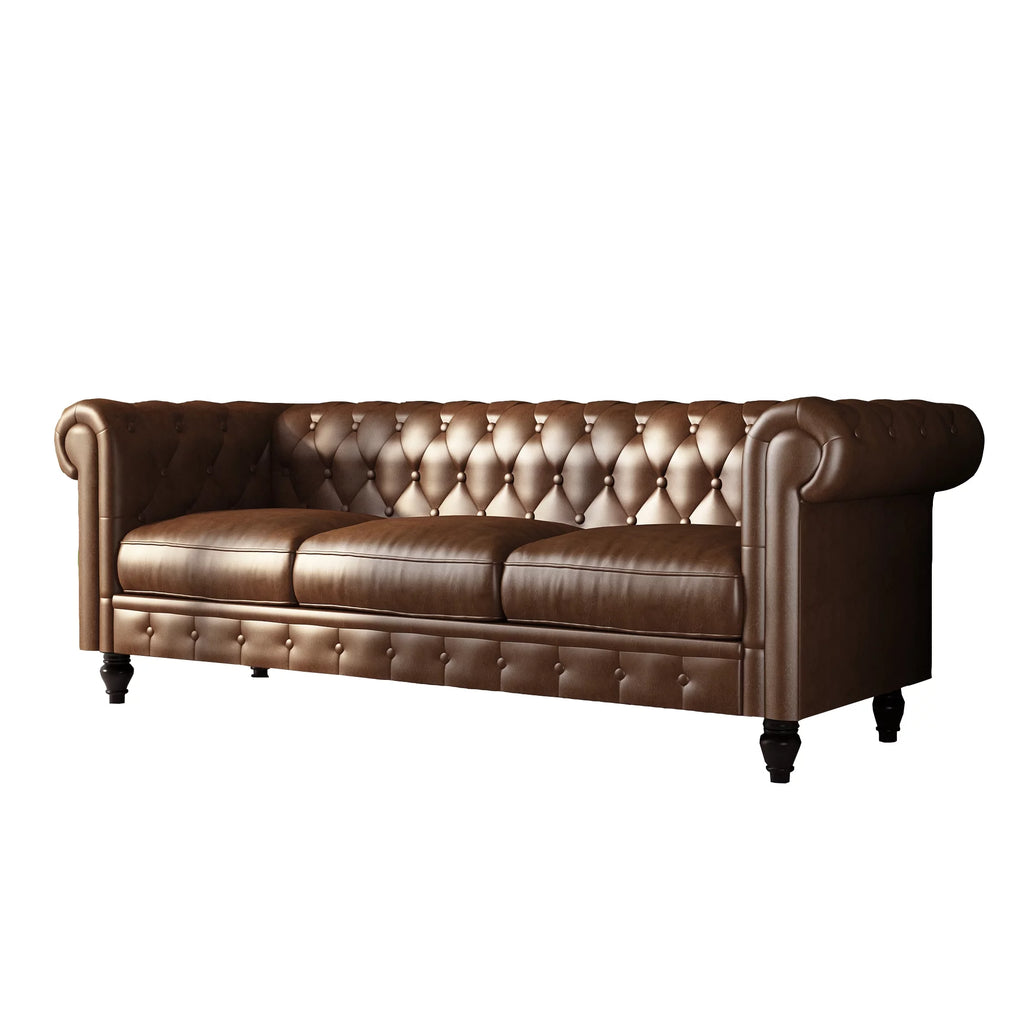 Button Tufted Faux Leather 3-Seater Sofa A476580