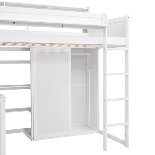 Twin Size Wood Loft Bed with Desk Storage and Wardrobe S9832