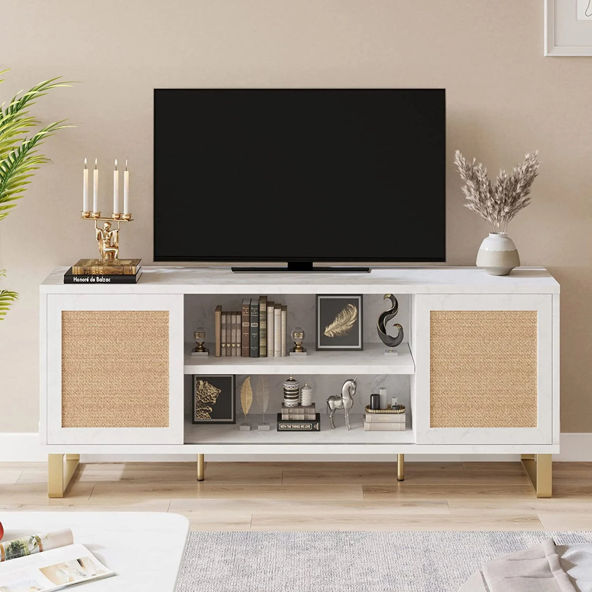 White TV Stand with Doors and Shelves T927