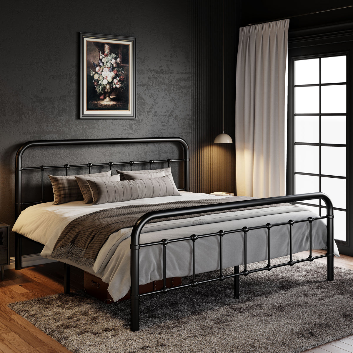Queen Size Black Metal Platform Bed Frame with Headboard N71872