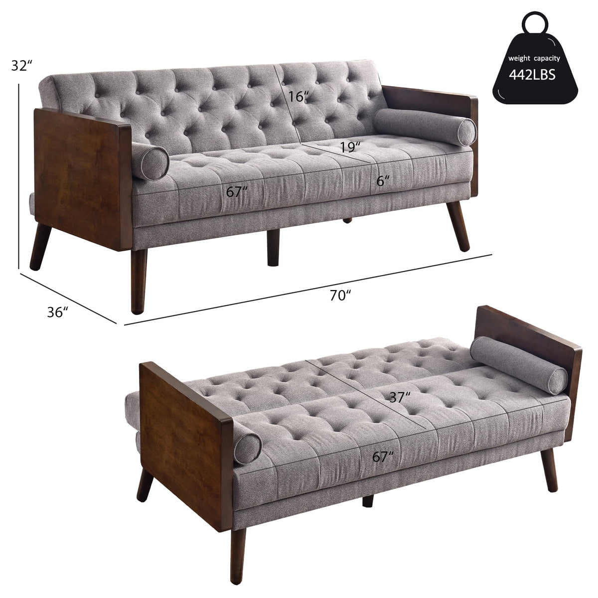 70 inch Grey Chenille Convertible Futon Sofa Bed O66410