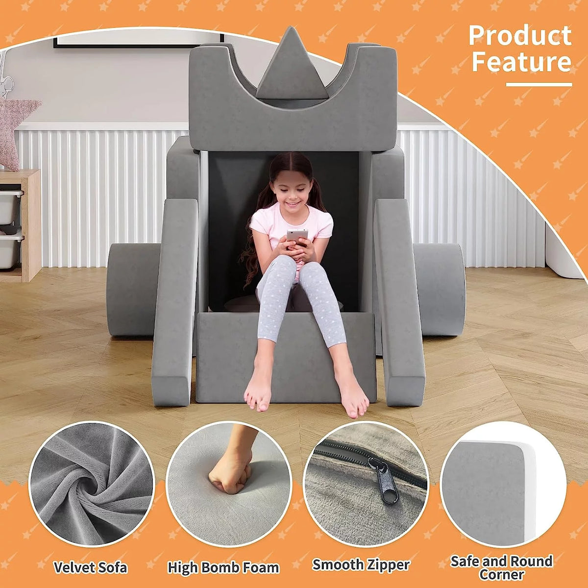 13Pcs Kids Couch, Toddler Couch, Fold Out Couch, Modular Couch, Gray E59853