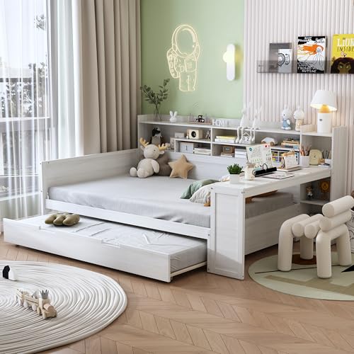 Twin Size Wood Daybed with Bookcase Storage and Desk M2687