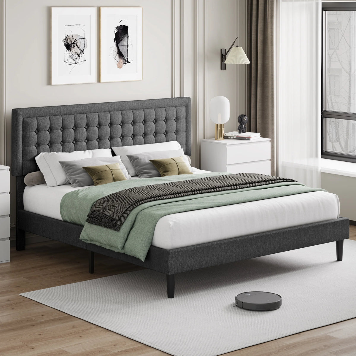 King Size Gray Linen Fabric Bed Frame with Tufted Headboard W320