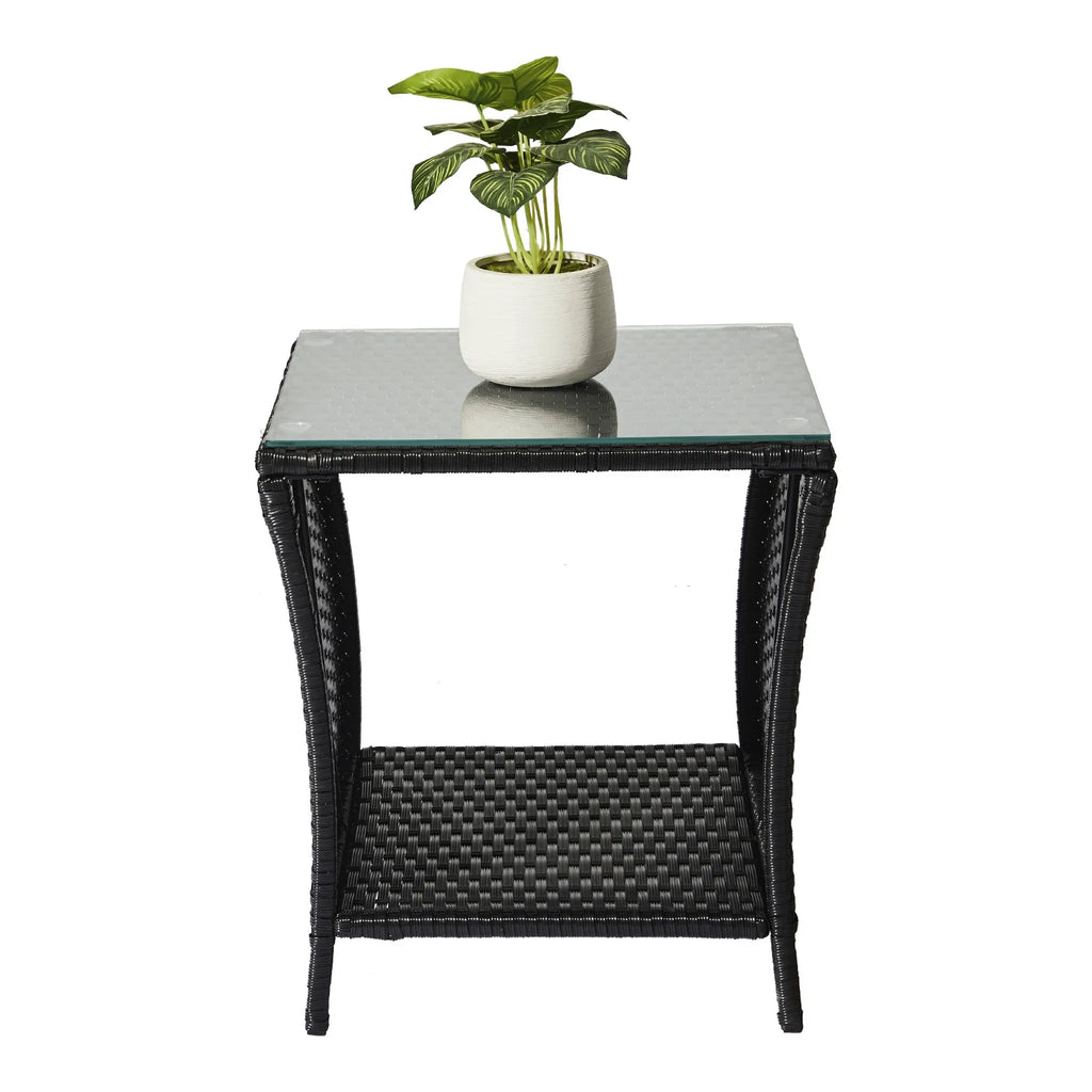 Square Wicker Side Table with Glass Top Storage Shelf R490