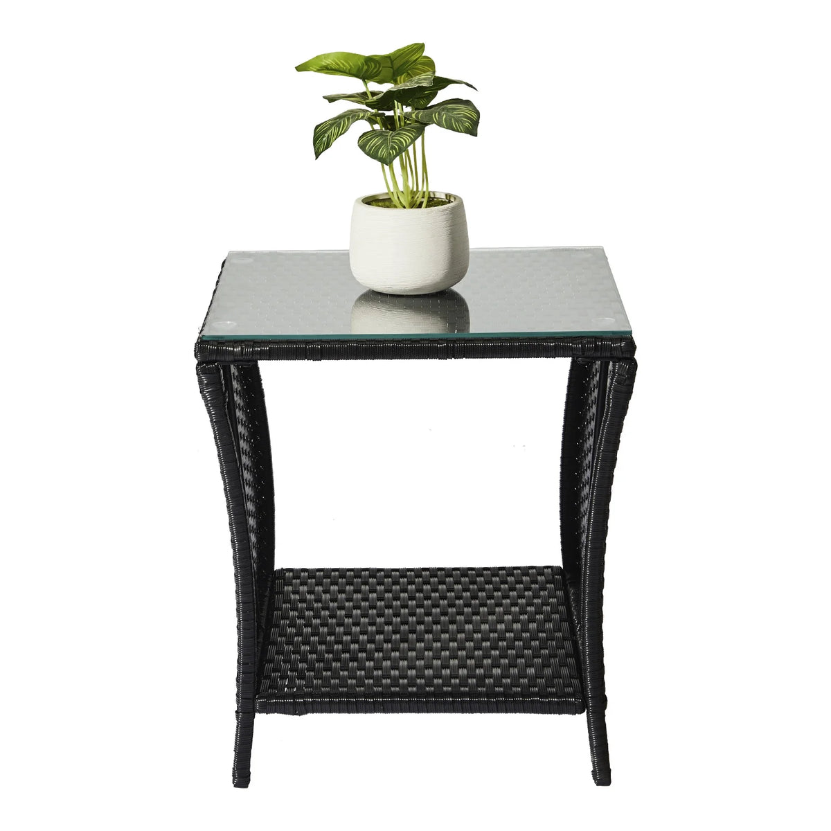 Square Wicker Side Table with Glass Top Storage Shelf R490