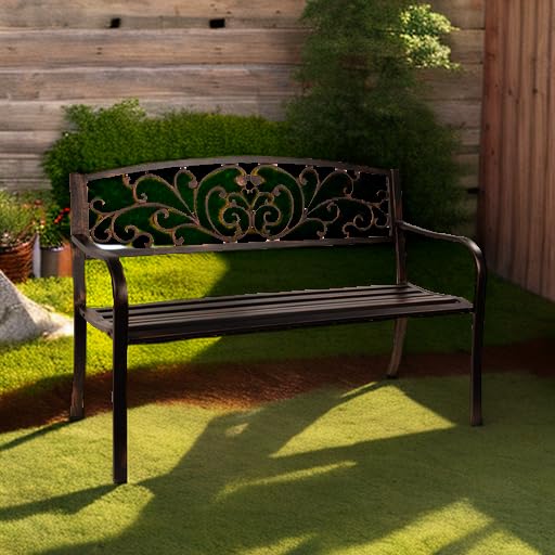 Black Steel Outdoor Bench with Floral Backrest P45607