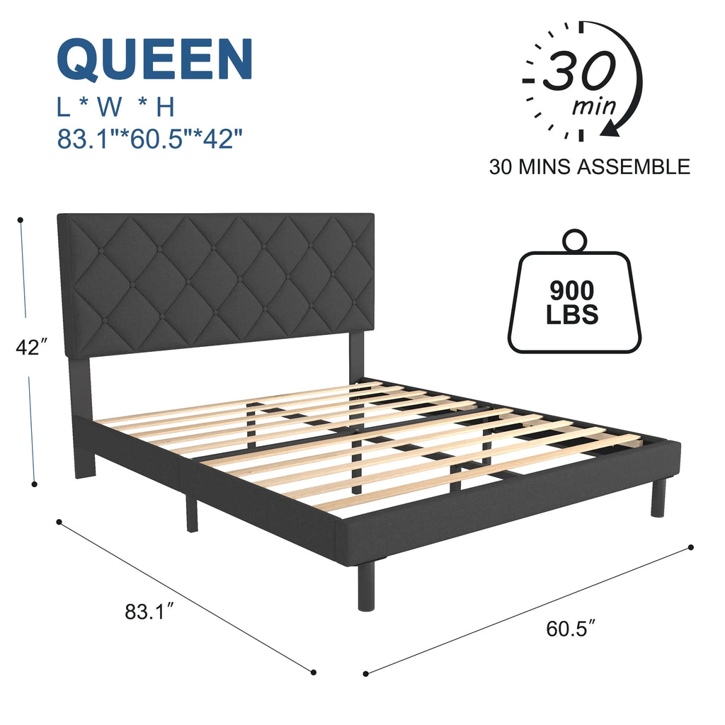 Queen Size Platform Bed with Wingback Headboard Y421