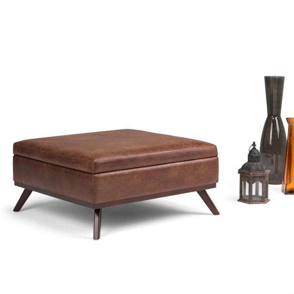 Faux Air Leather Square Coffee Table Ottoman in Saddle Brown U520
