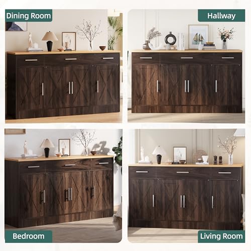 Brown Wood Buffet Cabinet with 3 Drawers and 4 Doors R3775