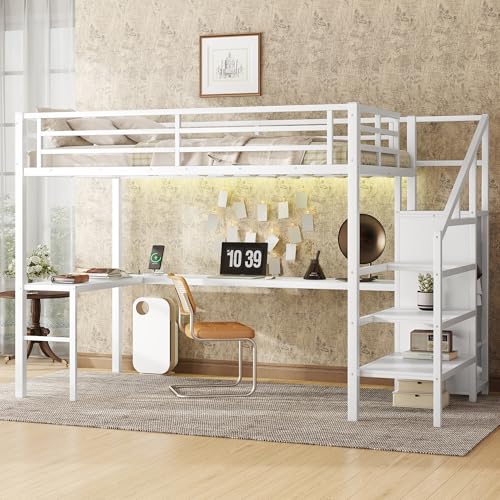 Full Size White Metal Loft Bed with Desk and Storage Stairs K148745