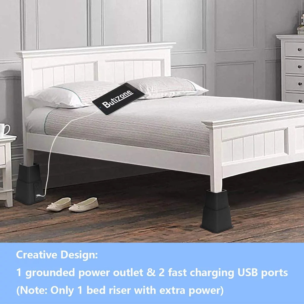 Black Set of 4 Adjustable Bed Riser with Power Outlet and USB Ports G2657