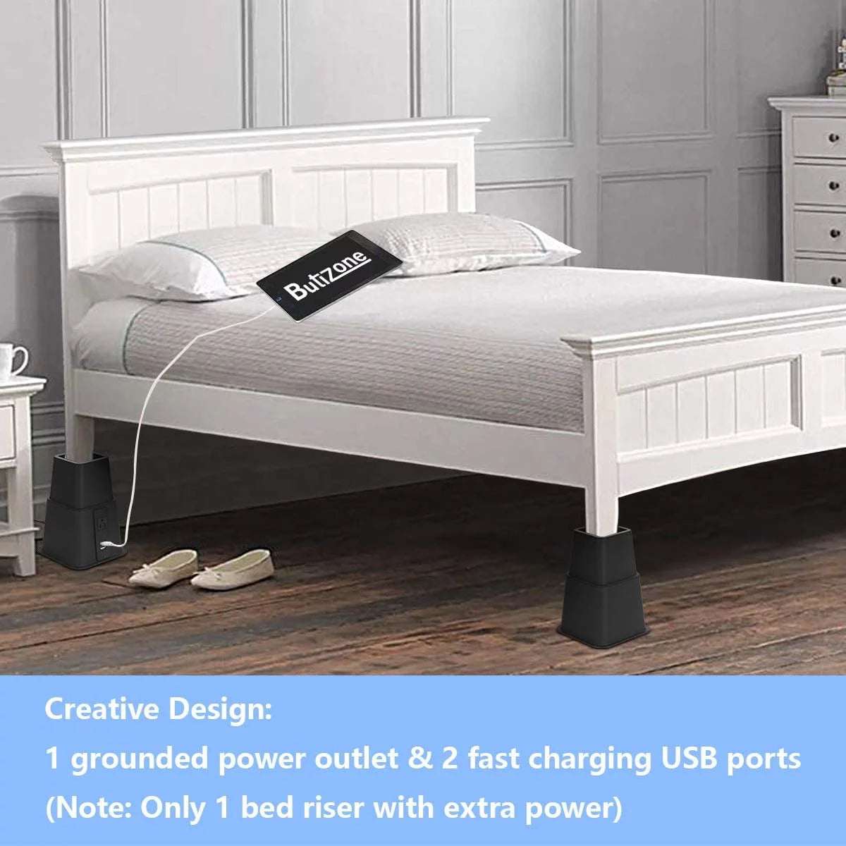 Black Set of 4 Adjustable Bed Riser with Power Outlet and USB Ports G2657