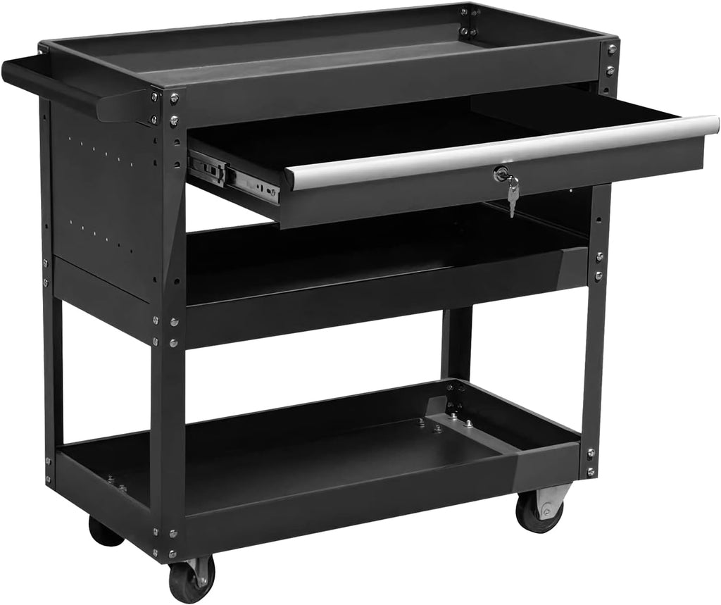 Black 3-Tier Tool Cart with Wheels and Drawers X89796