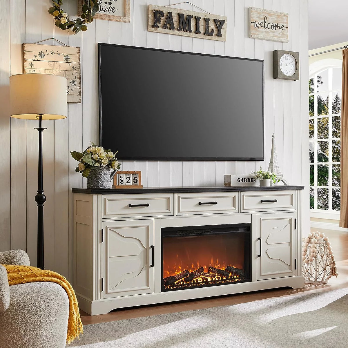 White TV Stand with Electric Fireplace I8150