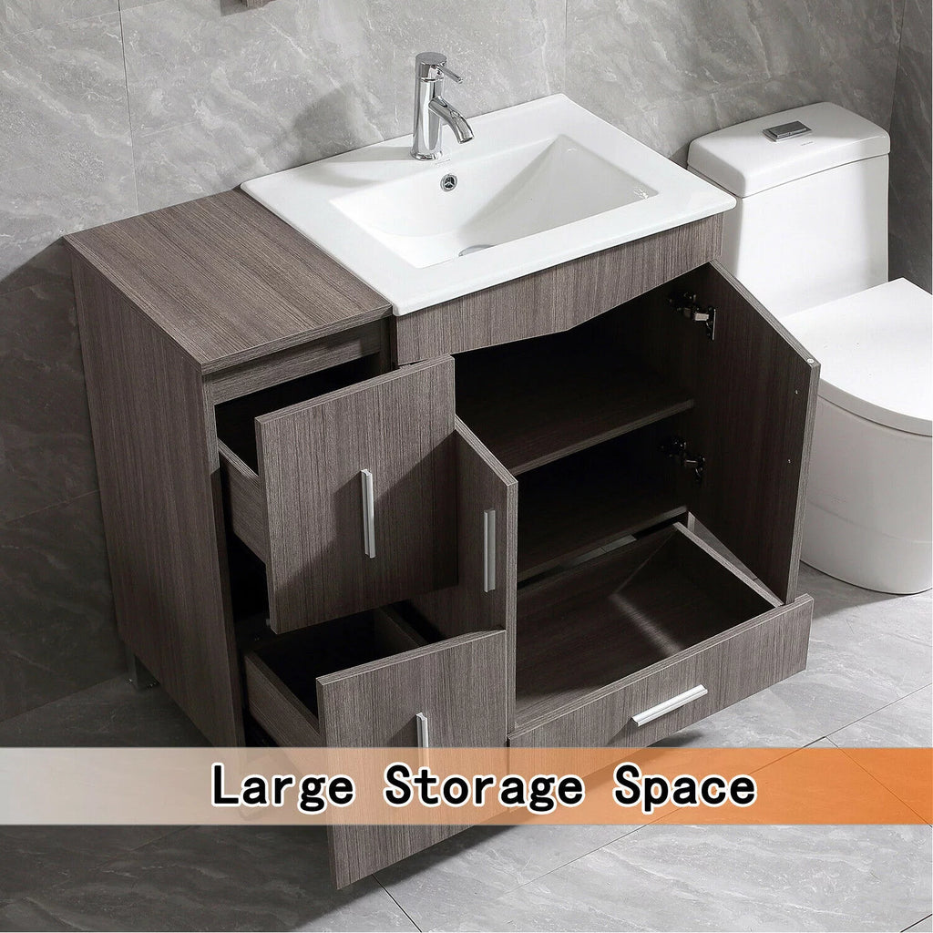 36" Light Brown Wood Bathroom Vanity with Ceramic Sink and Drawers H478