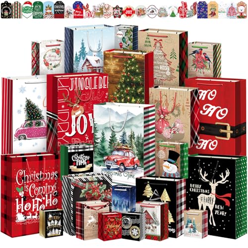 24 Pack Christmas Gift Bags Assorted Sizes with Gift Tags N88063