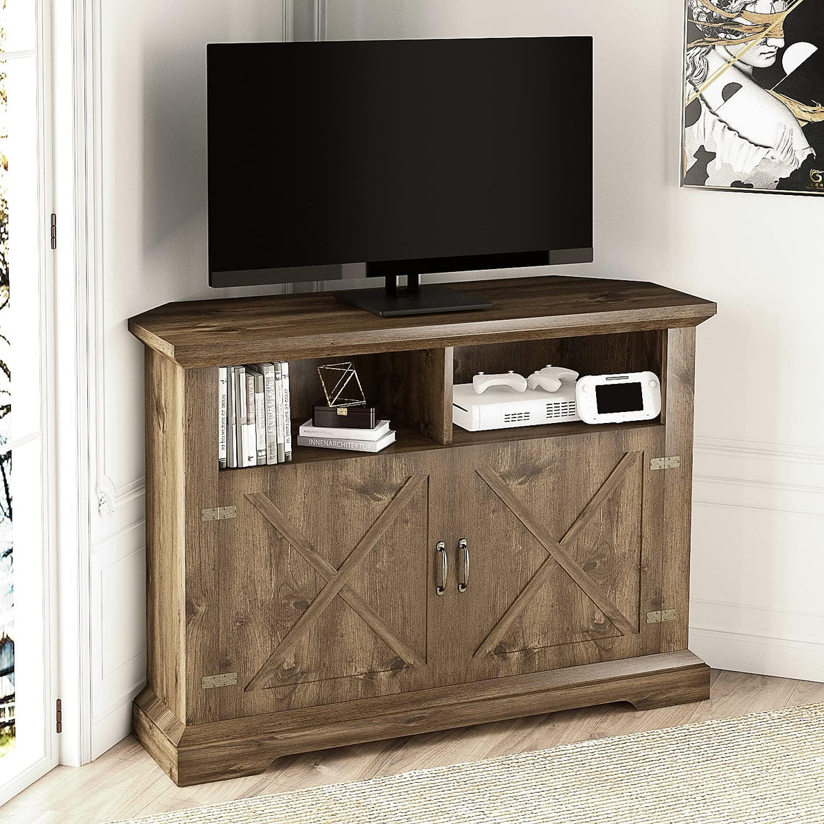 44'' Farmhouse Corner TV Stand with Double Doors & Adjustable Shelves U42061