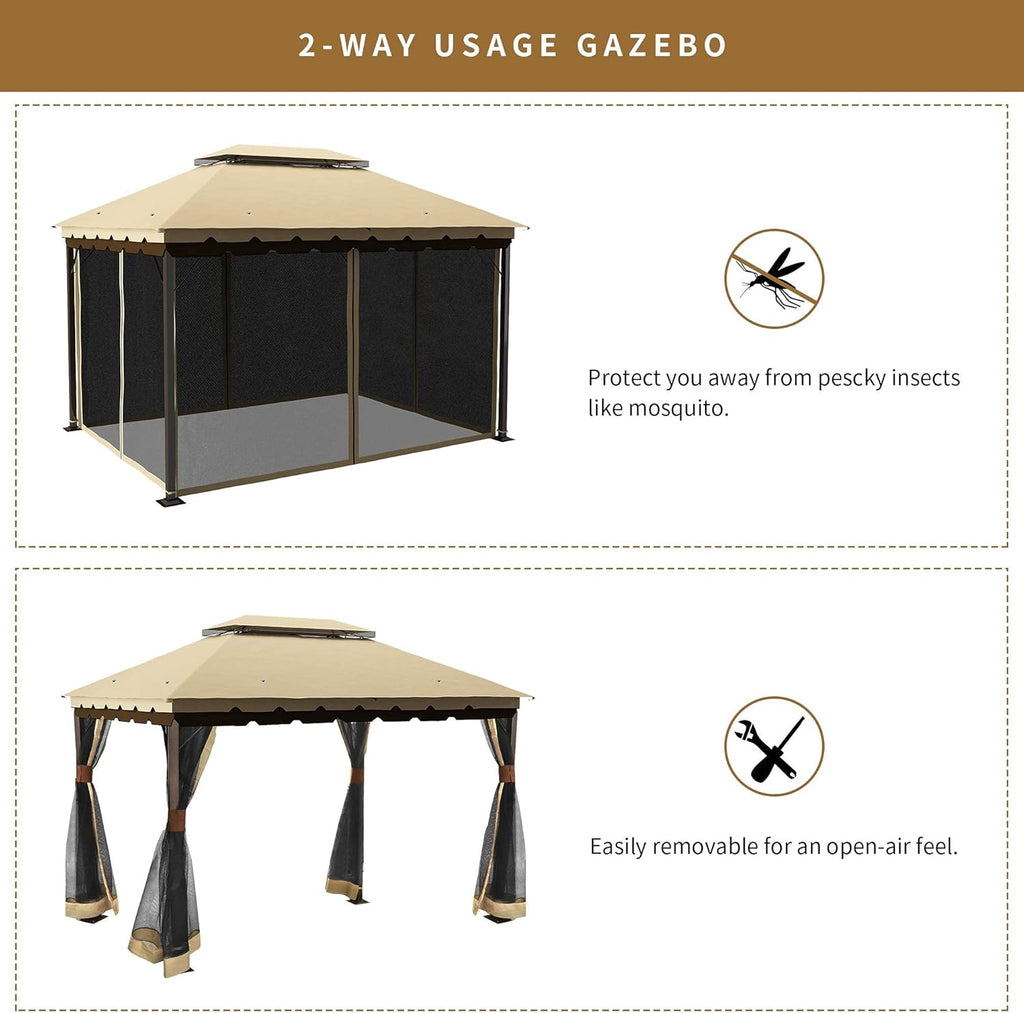 10x12 ft Steel Gazebo with Mosquito Netting M6687