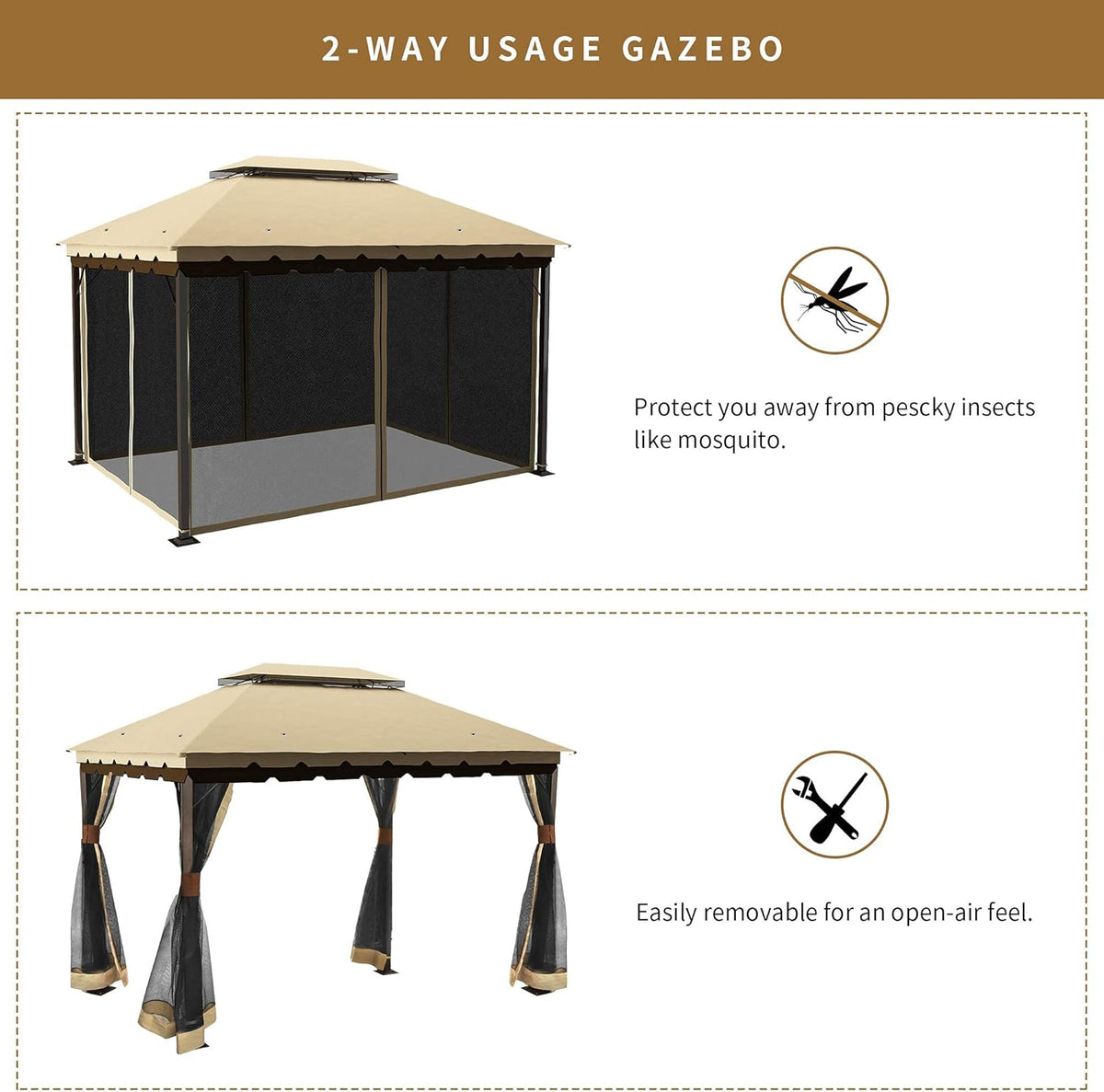 10x12 ft Steel Gazebo with Mosquito Netting M6687