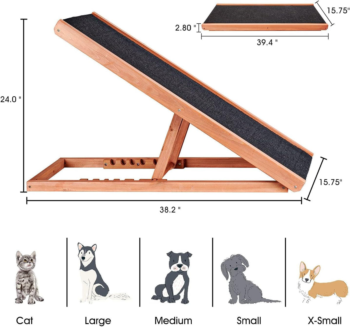 Height Adjustable Wooden Pet Ramp with Non Slip Carpet, Pack of 2 C892