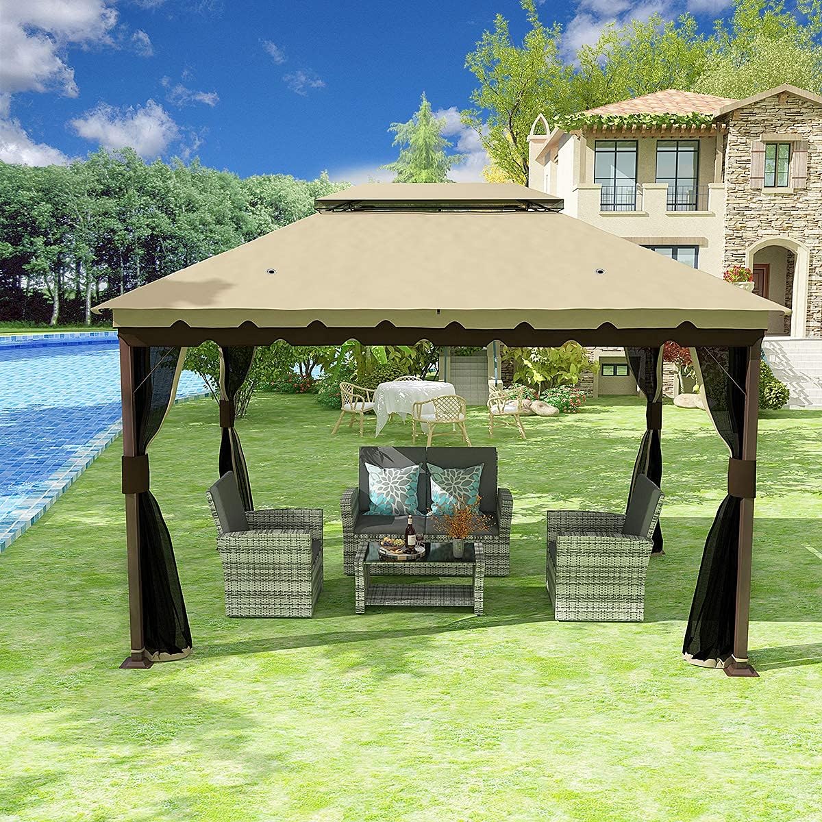10x12 ft Steel Gazebo with Mosquito Netting M6687